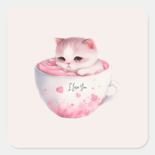 Sticker Carré Chat blanc-rose mignonne dans une tasse de thé (3)