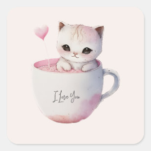 Sticker Carré Chat blanc-rose mignonne dans une tasse de thé (4)