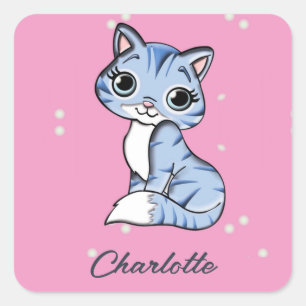 Sticker Carré Chat bleu mignon sur nom personnalisé rose