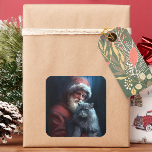 Sticker Carré Chat Bleu Russe Santa Claus Noël Festif