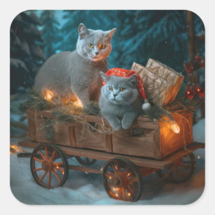 Sticker Carré Chat Bleu Russe Sleigh Neigeux Décor Noël