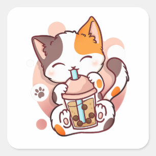 Sticker Carré Chat Boba Tea Bubble Tea Anime Kawaii Neko pour fi