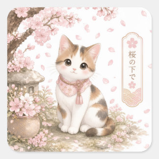 Sticker Carré Chat calico japonais sous un arbre à fleurs de cer