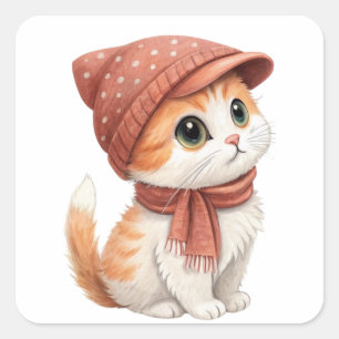 Sticker Carré Chat, Casquette Et Écharpe, Couleur Pastel