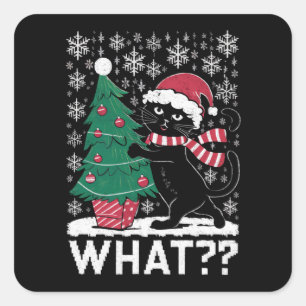 Sticker Carré Chat Ce Chat Noir Drôle Poussant Arbre De Noël