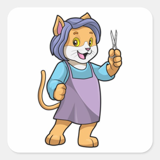 Sticker Carré Chat coiffeur avec ciseaux (Devant)
