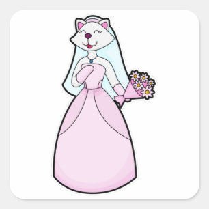 Sticker Carré Chat comme mariée avec bouquet de fleurs
