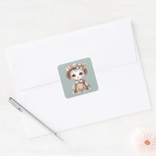 Sticker Carré Chat Cottagecore au look Pastel en Salopette & Cha