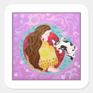 Sticker Carré Chat couché et dame couchée.