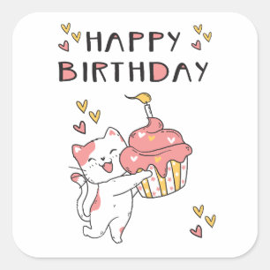 Sticker Carré Chat Cute Kawaii avec cupcake