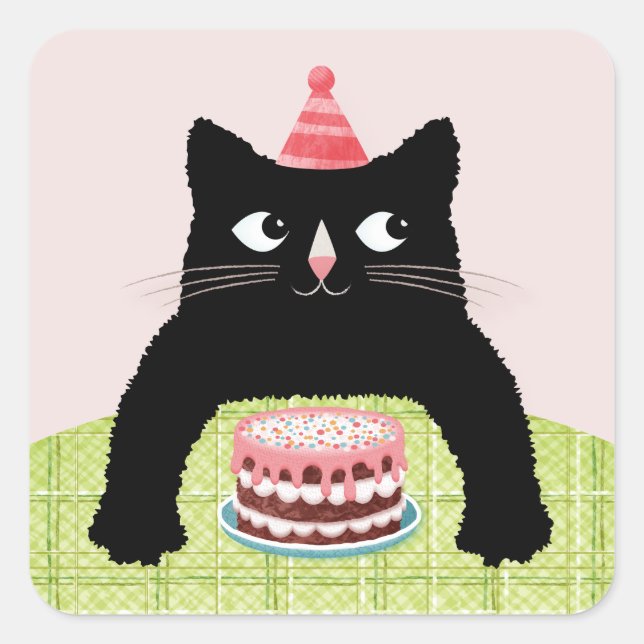 Sticker Carré Chat d'anniversaire avec gâteau d'anniversaire et  (Devant)