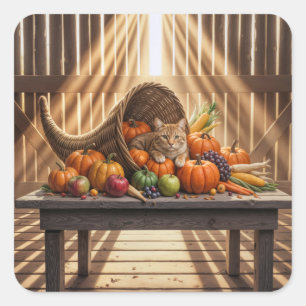 Sticker Carré Chat dans une corne d'abondance de Thanksgiving