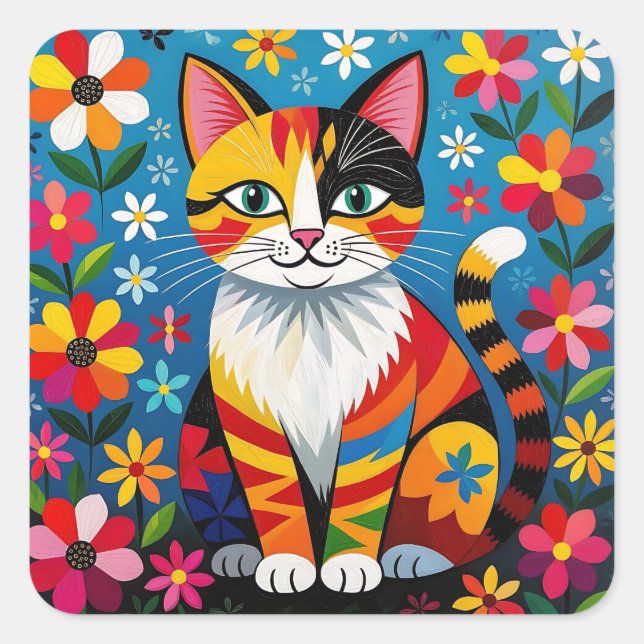 Sticker Carré Chat d'art populaire Boho, Fleurs & Papillon   (Devant)