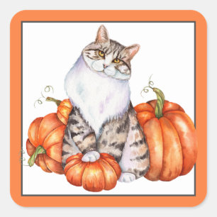 Sticker Carré Chat d'automne et citrouilles