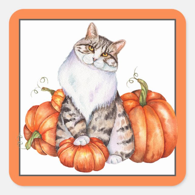 Sticker Carré Chat d'automne et citrouilles (Devant)
