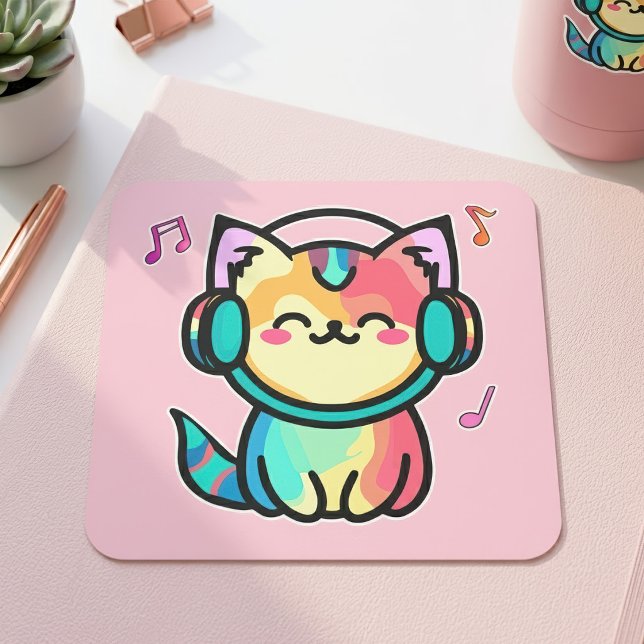 Sticker Carré Chat de dessin animé kawaii souriant avec casque (Happy Smiling Kawaii Cartoon Cat with Headphones. Square Sticker)
