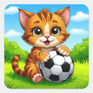 Sticker Carré Chat de dessin animé mignon tenant un ballon de fo