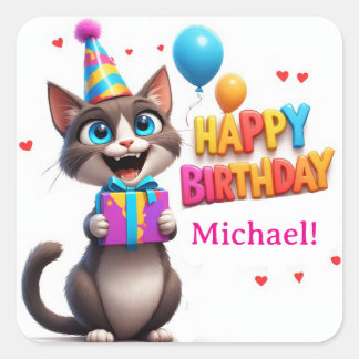 Sticker Carré Chat de fête amusant avec cadeau d'anniversaire 🐾