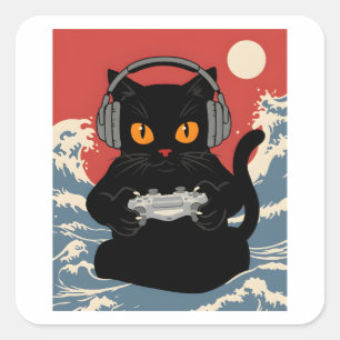 Sticker Carré Chat de gamer drôle Rétro Contrôleur Casque Nuit