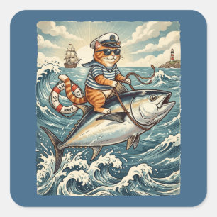 Sticker Carré Chat de marin drôle chevauchant un poisson Thon Vi