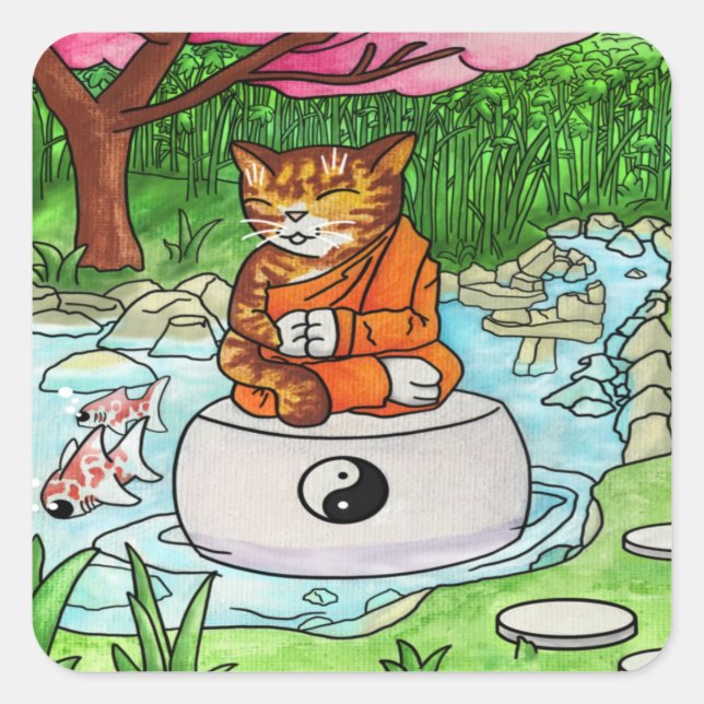 Sticker Carré Chat de méditation Bouddhiste Tabby (Devant)