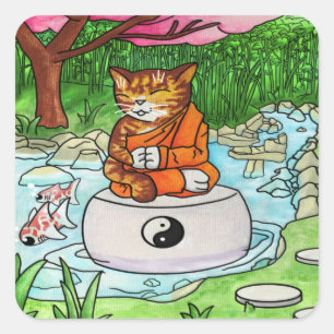 Sticker Carré Chat de méditation Bouddhiste Tabby