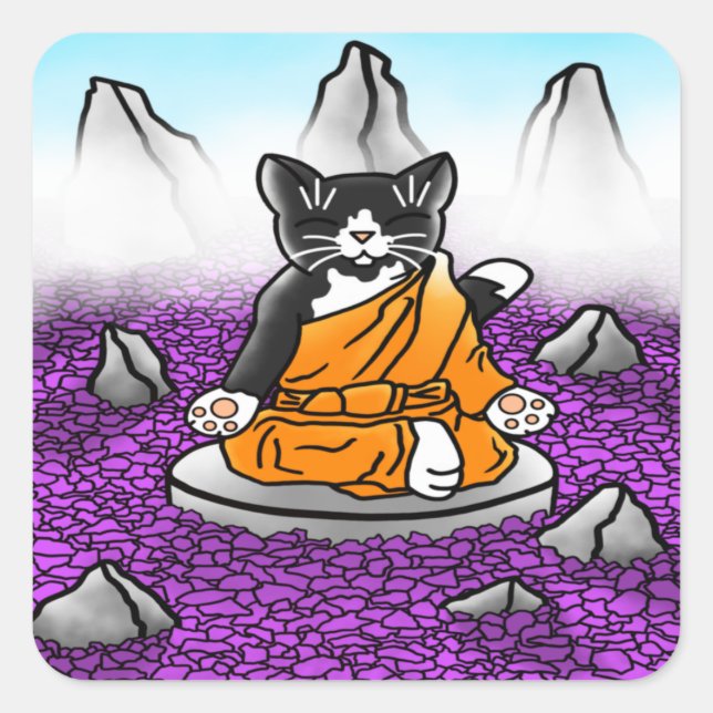 Sticker Carré Chat de méditation bouddhiste Tuxedo (Devant)