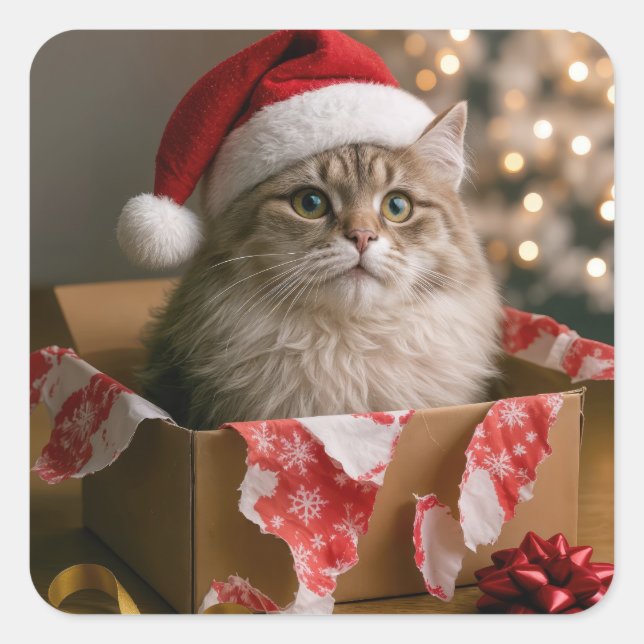 Sticker Carré Chat de Noël dans une boîte (Devant)