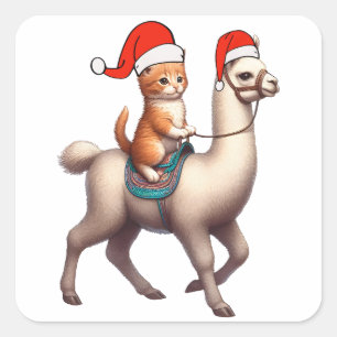 Sticker Carré Chat de Noël équitation Llama, Xmas Llama et Kitte