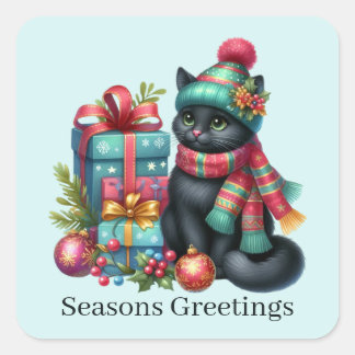 Sticker Carré Chat de Noël Joyeuses Fêtes ajouter du texte