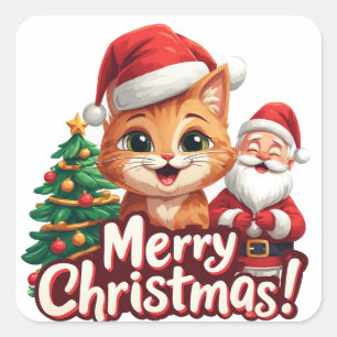 Sticker Carré Chat de Noël joyeux avec chapeau de Père Noël
