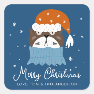 Sticker Carré Chat de Noël mignon à Santa Hat Snowflakes Bleu