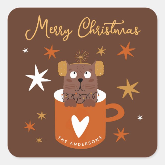 Sticker Carré Chat de Noël mignon dans Mug Stars Gold Brown (Devant)