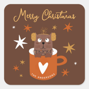 Sticker Carré Chat de Noël mignon dans Mug Stars Gold Brown