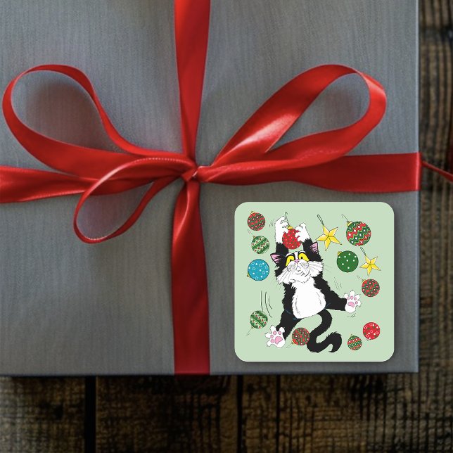 Sticker Carré Chat de Noël noir blanc Tuxedo (Créateur téléchargé)