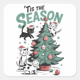 Sticker Carré Chat de Noël Rétro C'est La Saison Meowy Catmas 