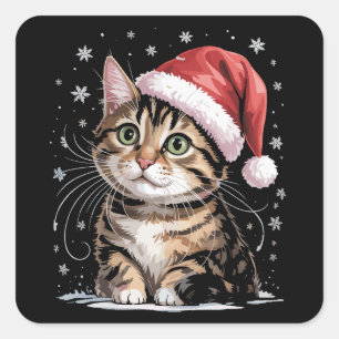 Sticker Carré Chat de Noël sous la neige avec un chapeau de Père