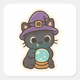 Sticker Carré Chat de sorcière mignon avec boule de cristal Kawa