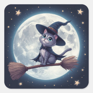 Sticker Carré Chat de sorcière mignon sur un balai sous le ciel