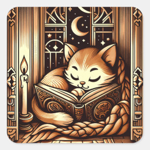 Sticker Carré Chat de style Art déco endormi avec un livre