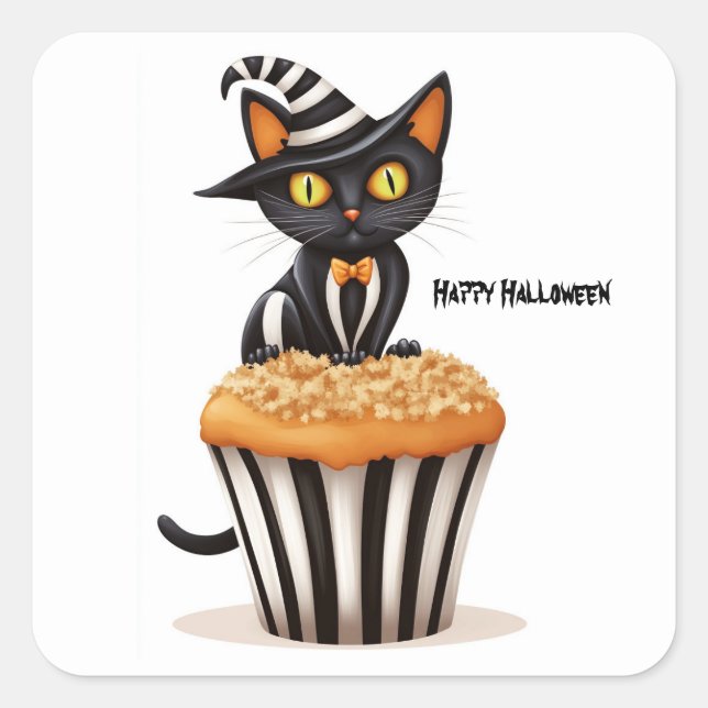 Sticker Carré Chat d'Halloween avec muffin (Devant)