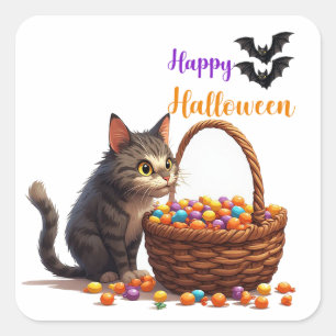 Sticker Carré Chat d'Halloween curieux avec un seau de bonbons e