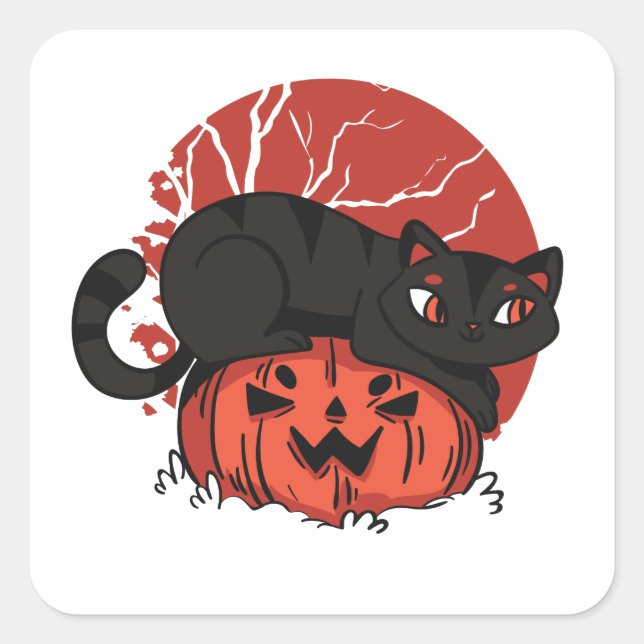 Sticker Carré Chat d'Halloween et Jack-o'-lantern (Devant)