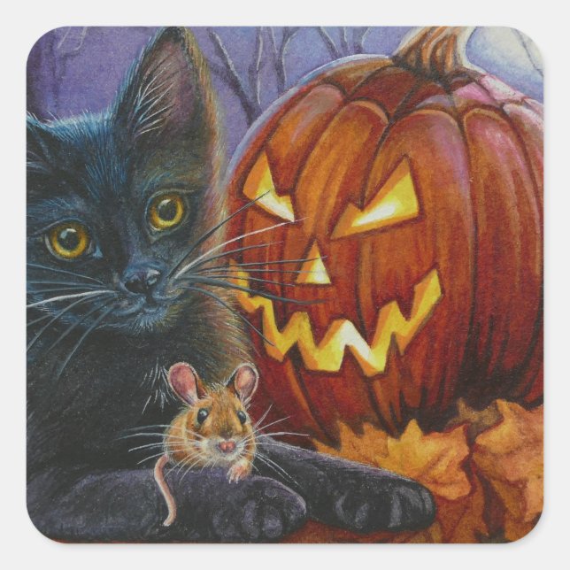Sticker Carré Chat d'Halloween et souris n° 2 Aquarelle Art (Devant)