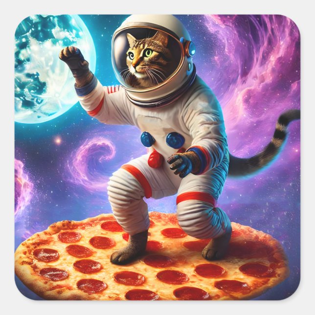 Sticker Carré Chat Drôle Voler Une Pizza Astronaut Kitty Space (Devant)