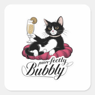 Sticker Carré Chat élégant avec Cocktail 75 Français - Classy & 