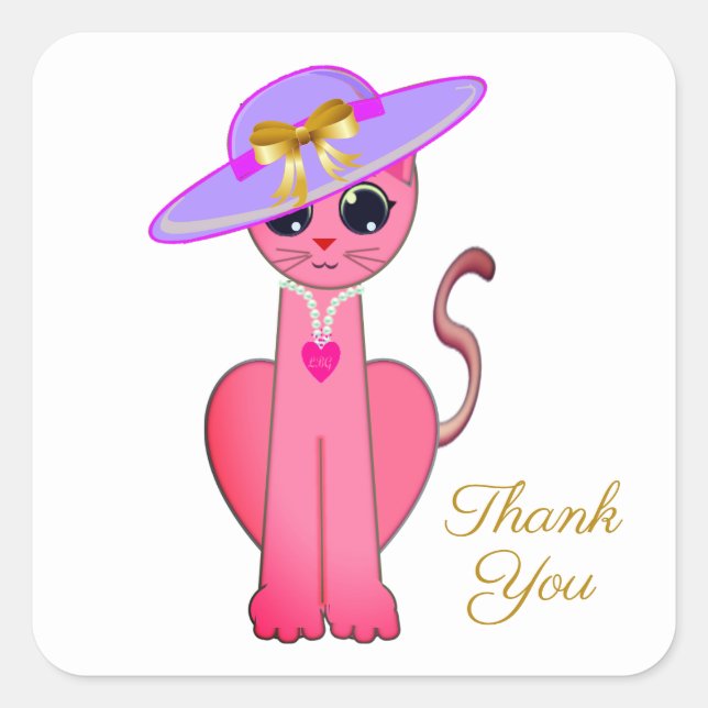 Sticker Carré Chat élégant rose Kitty Merci (Devant)