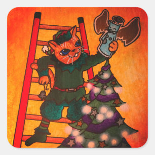 Sticker Carré Chat elfe de Noël