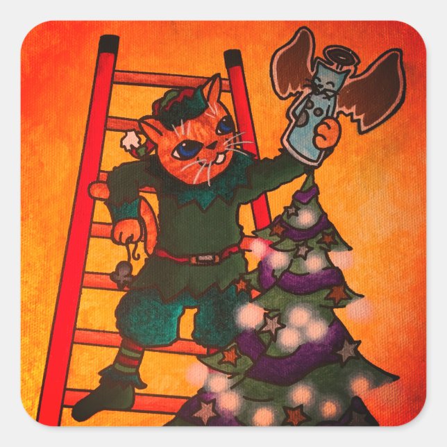 Sticker Carré Chat elfe de Noël (Devant)