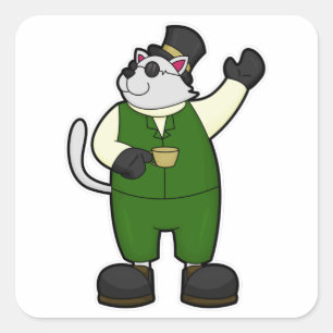 Sticker Carré Chat en chambre avec café et Casquette